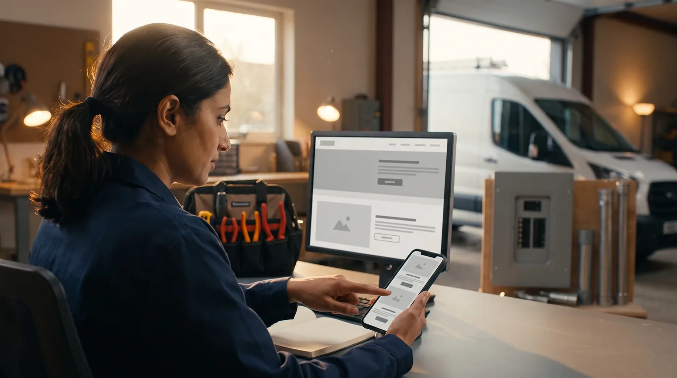Electrical contractor reviewing a service website on desktop and mobile screens
