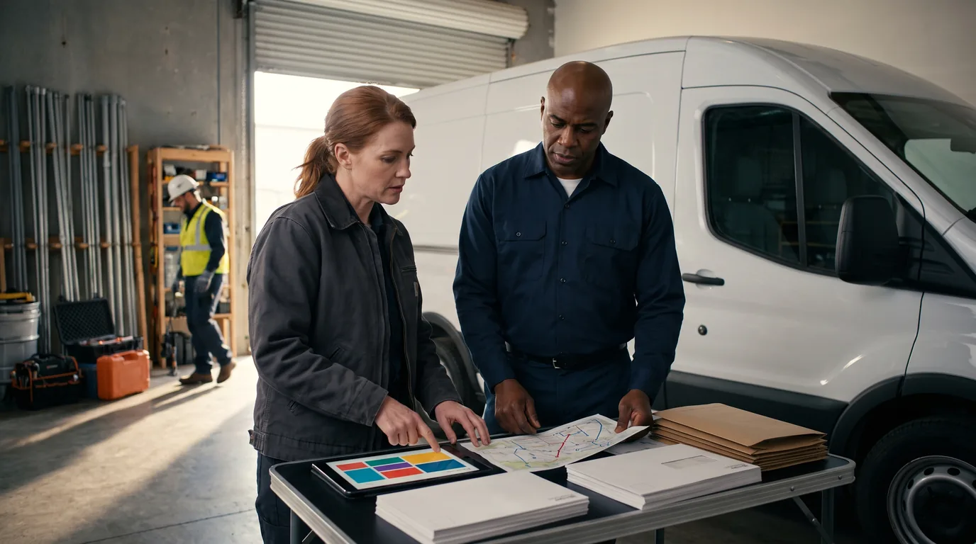 Electrical contractor planning local advertising with a team member beside a service vehicle