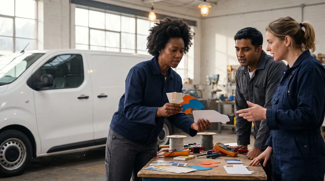 Electrical business owner planning a new company brand beside a professional service vehicle