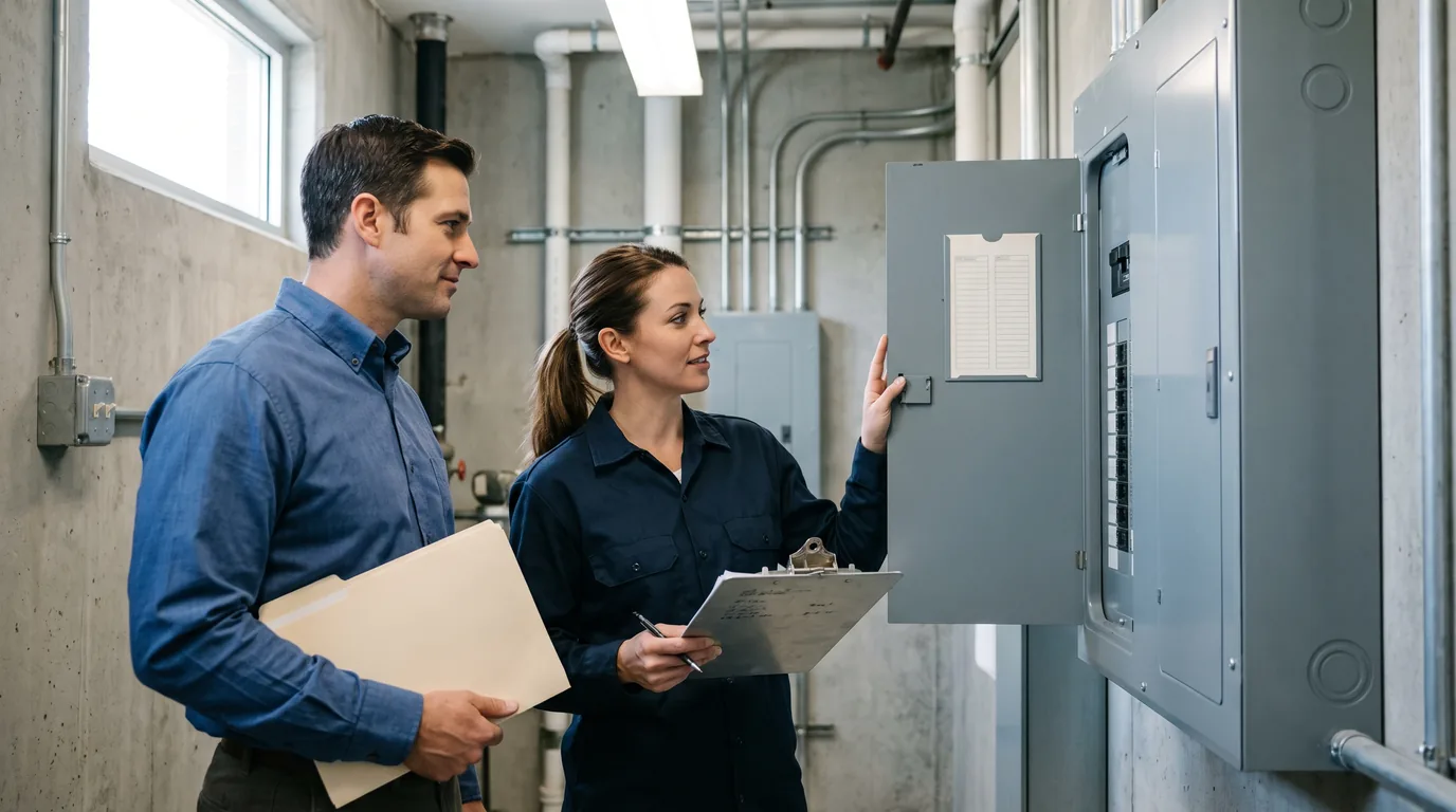 Electrician and facilities coordinator reviewing a directory beside an electrical panel with its protective interior cover in place