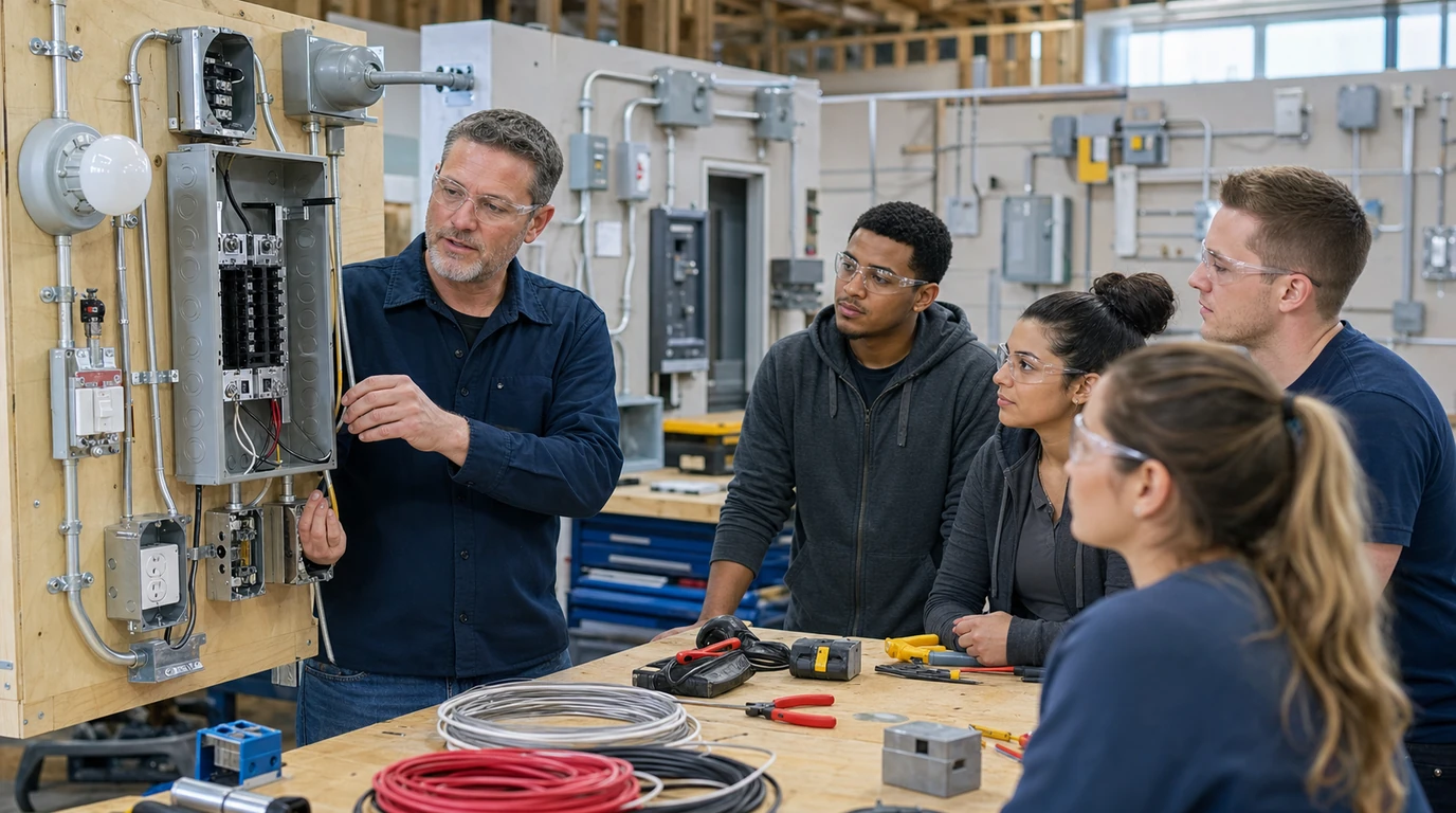 Electrician instructor teaching students in a hands-on training lab