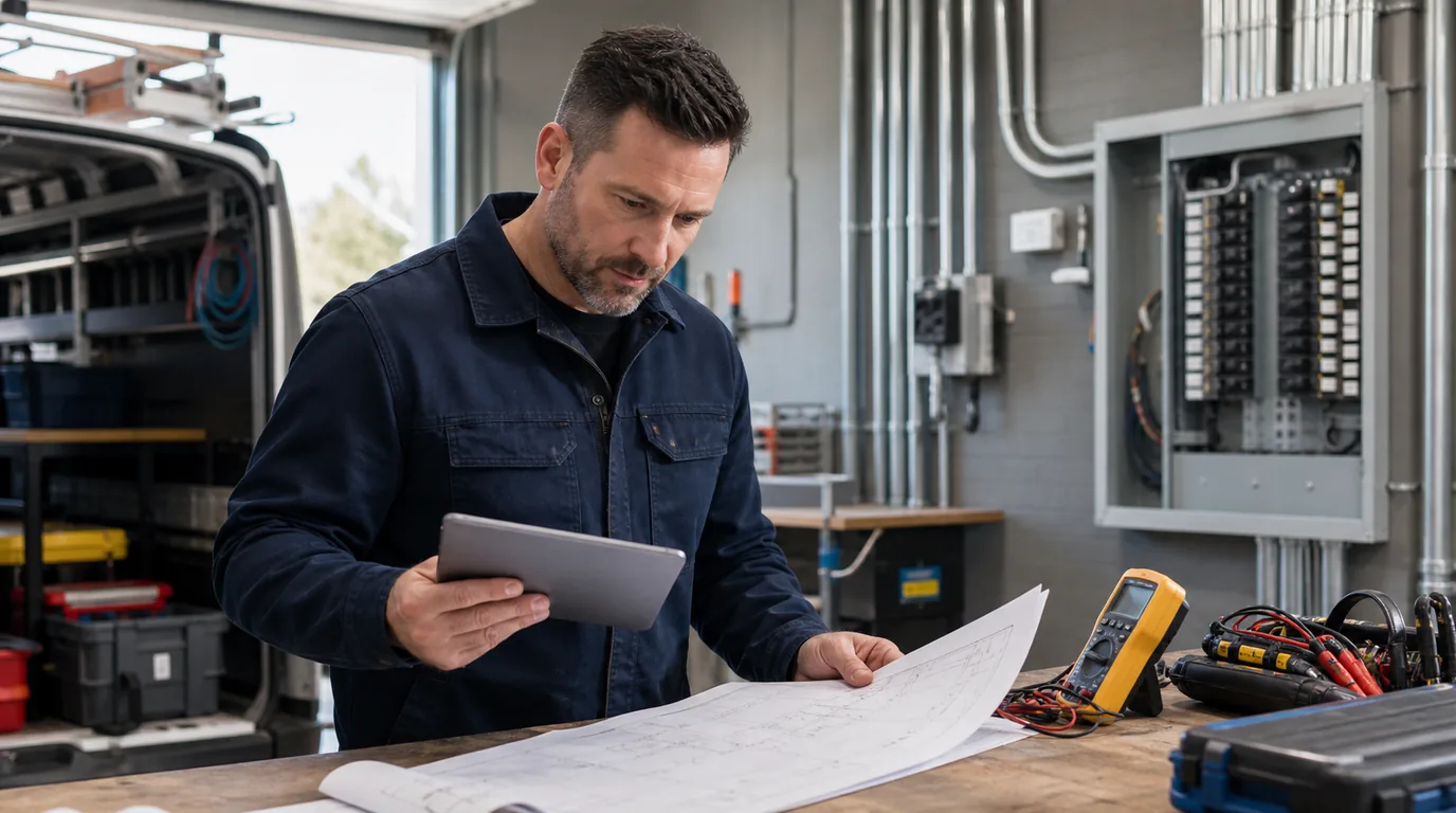 Electrical contractor reviewing local search leads and scheduled jobs