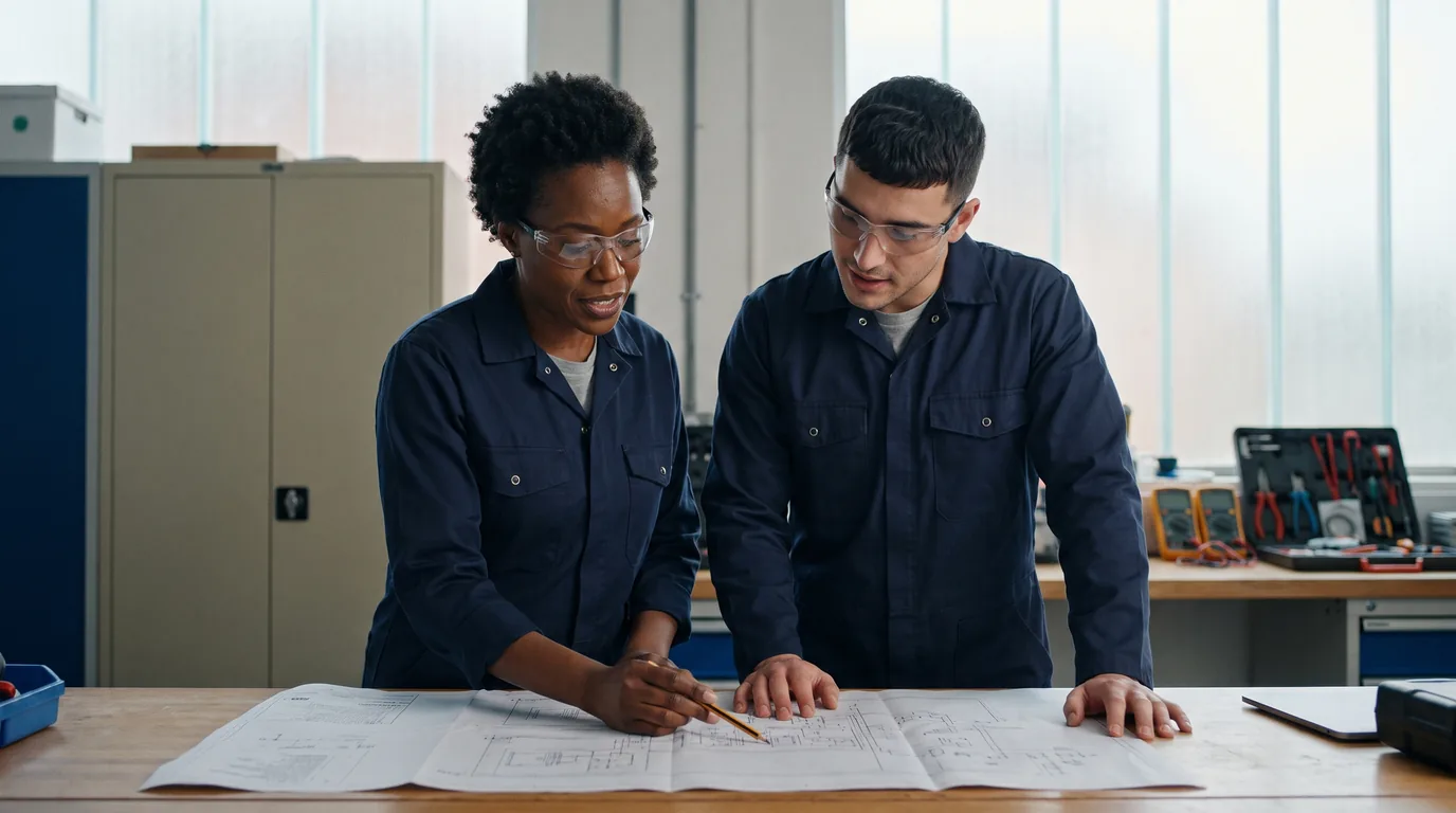 Electrician and apprentice wearing safety glasses reviewing a technical drawing at a training workshop bench