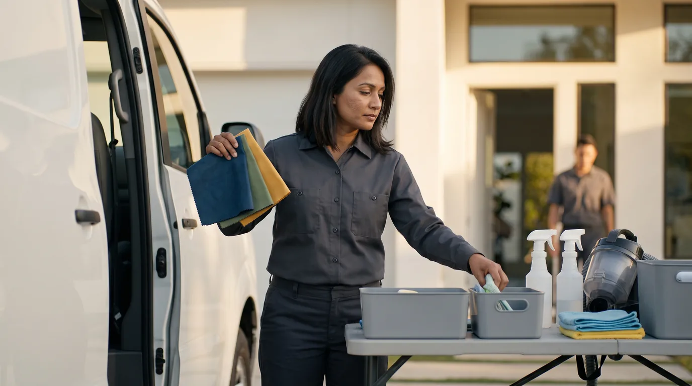 Cleaning business owner planning a new company brand beside an organized service vehicle