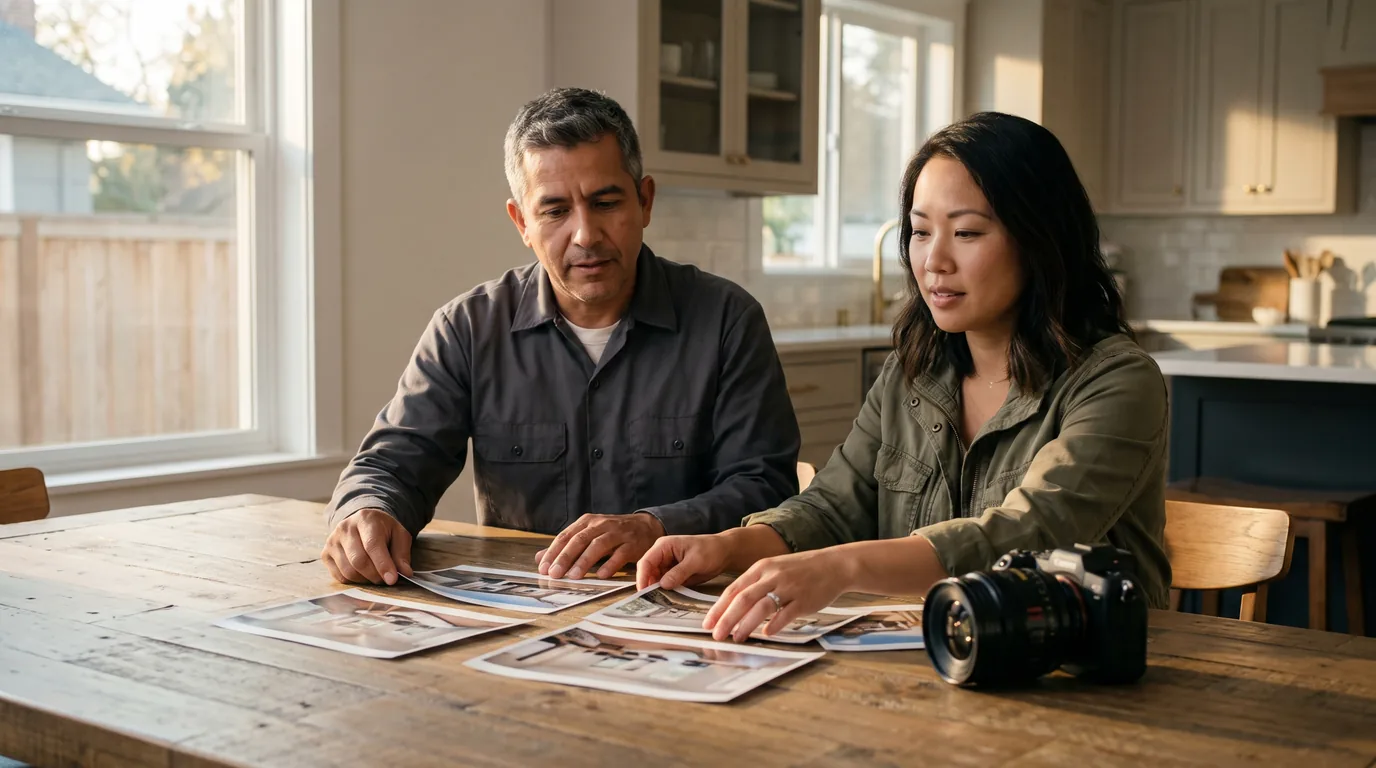Remodeling contractor and marketing coordinator reviewing project photographs at a table in a renovated home