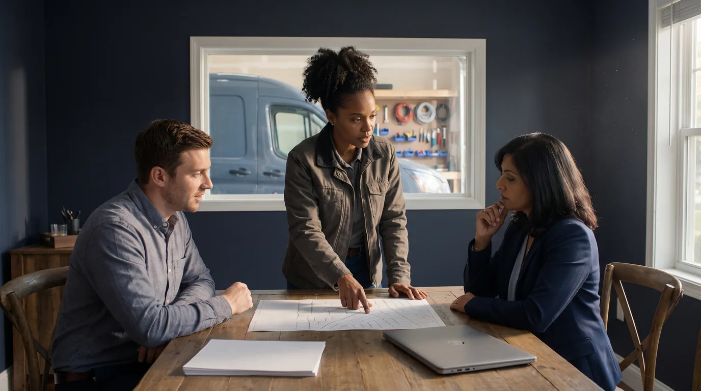 Home service business owner reviewing a local marketing plan with an agency team