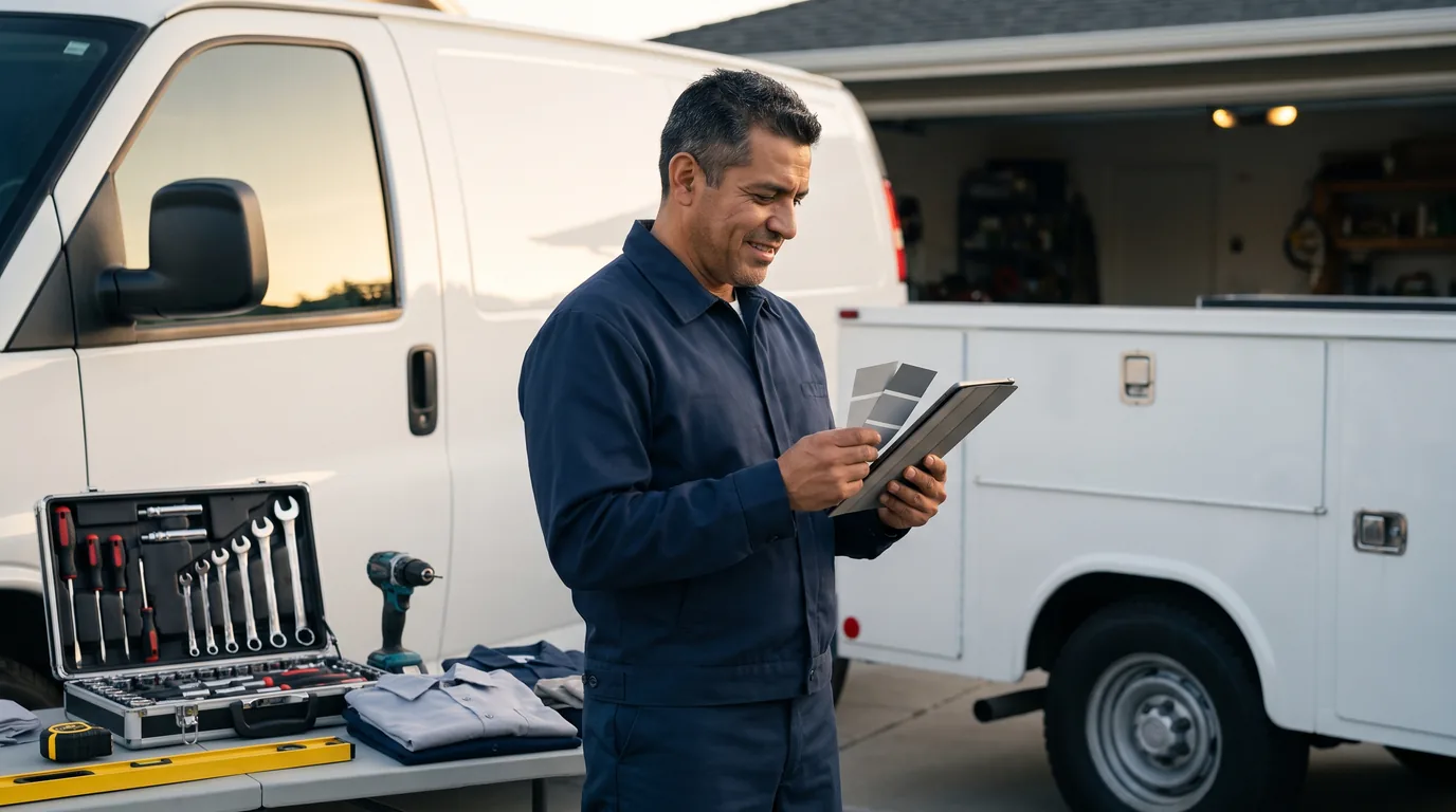 Handyman business owner comparing brand ideas beside an organized service vehicle