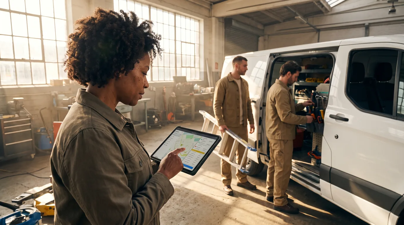 Handyman business owner planning jobs with technicians beside an organized service van
