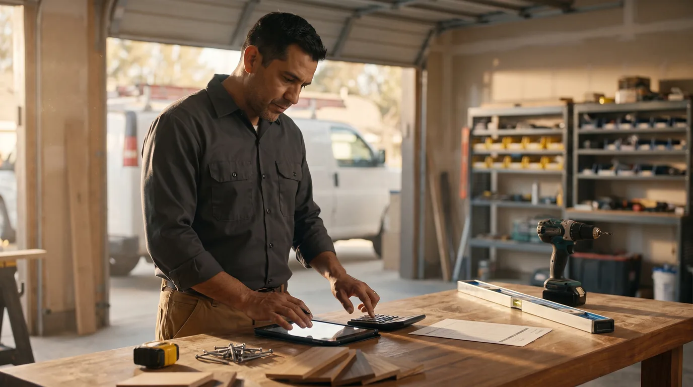 Handyman reviewing a job estimate with a calculator and tablet at a workshop bench