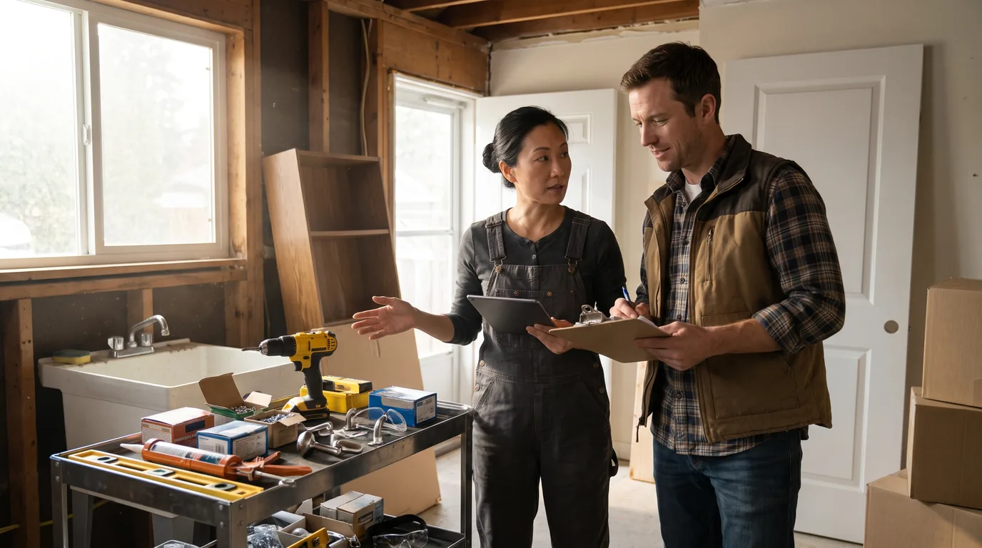 Handyman and property manager reviewing a home maintenance checklist beside organized tools