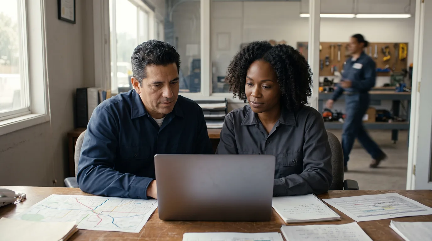 Home services business owner reviewing marketing leads and a field schedule with a team member