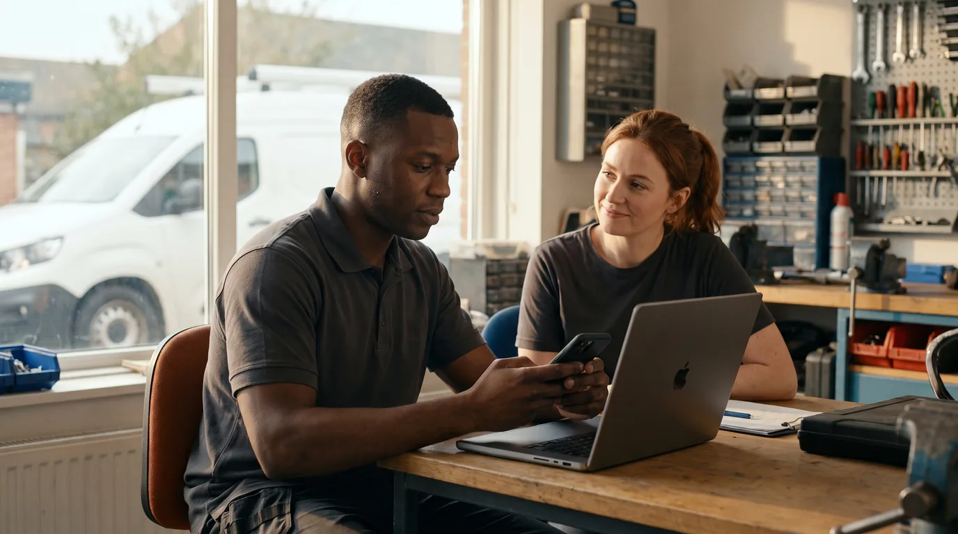 Home-service business owner reviewing a phone and laptop with a colleague in a workshop