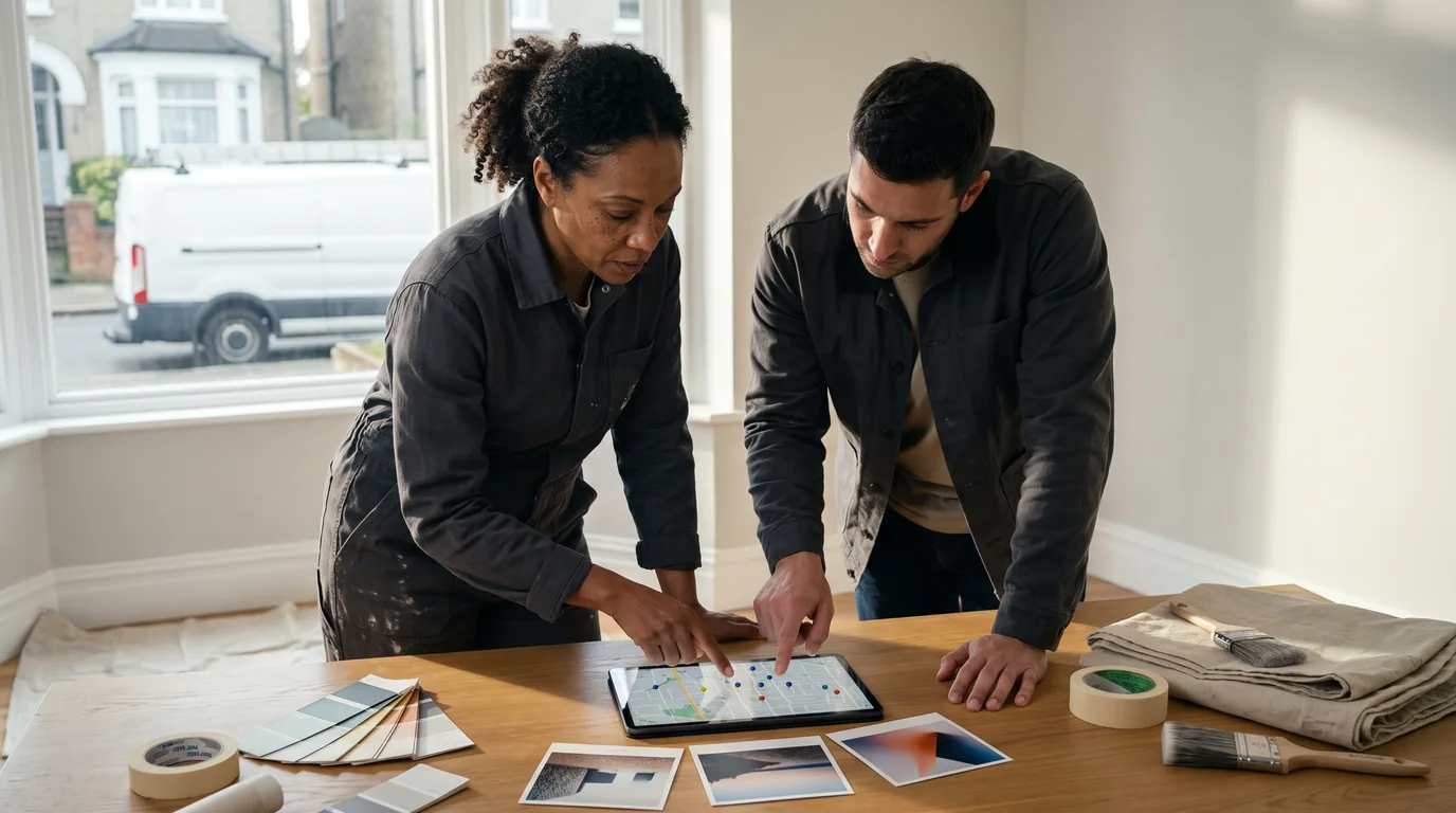 Painting contractor reviewing local project leads and a neighborhood service map
