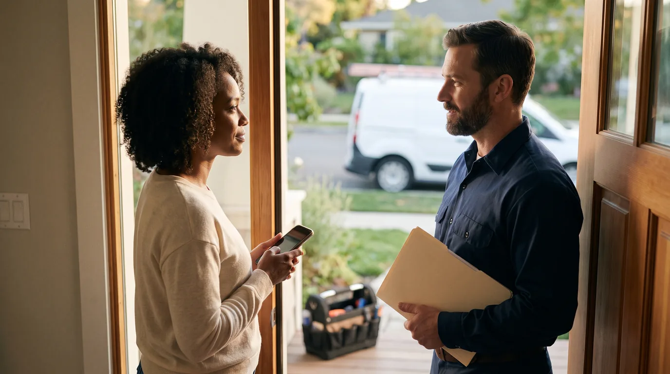 Homeowner discussing a repair project with a service contractor at her front door