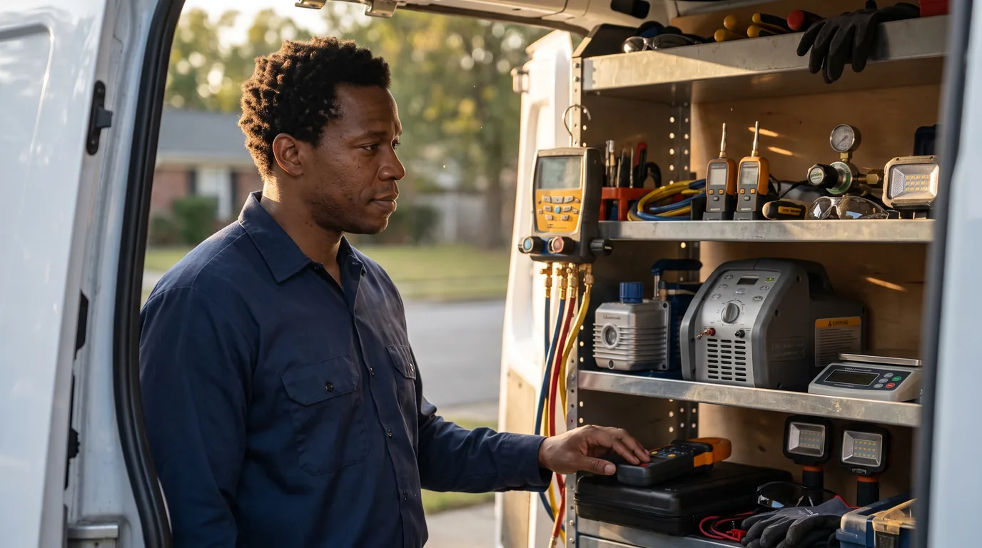 HVAC technician organizing diagnostic and refrigerant service tools in a clean service van