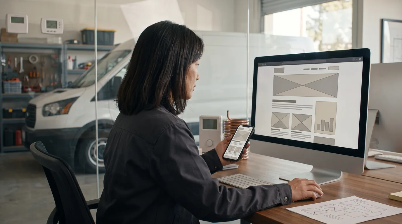 HVAC business owner reviewing a responsive service website on a desktop monitor and phone