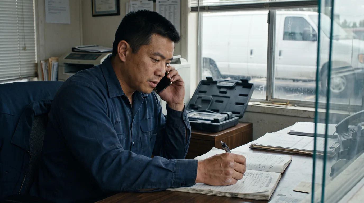 HVAC business owner taking a customer call and writing appointment details beside a service van