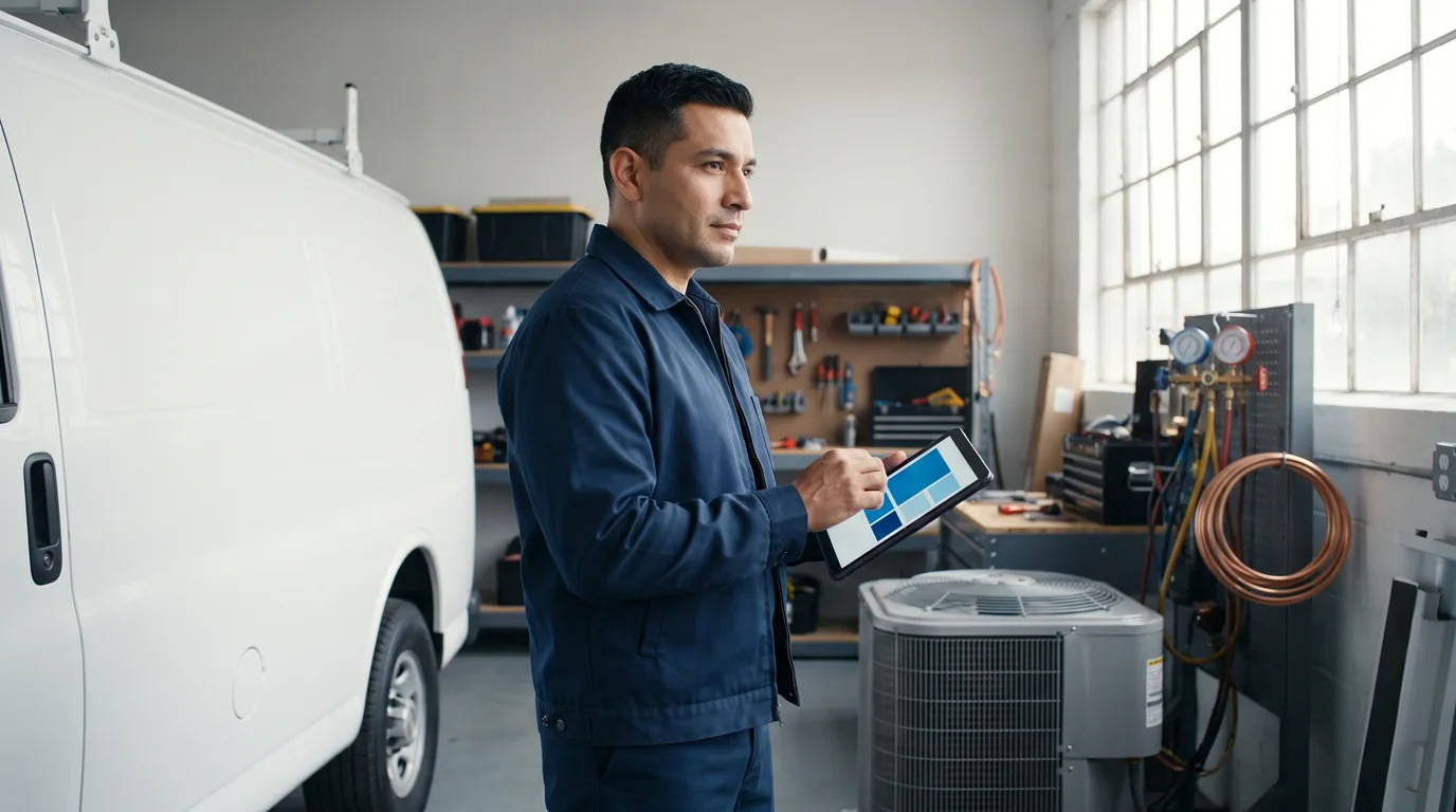 HVAC business owner reviewing brand ideas beside a clean service vehicle in a professional workshop