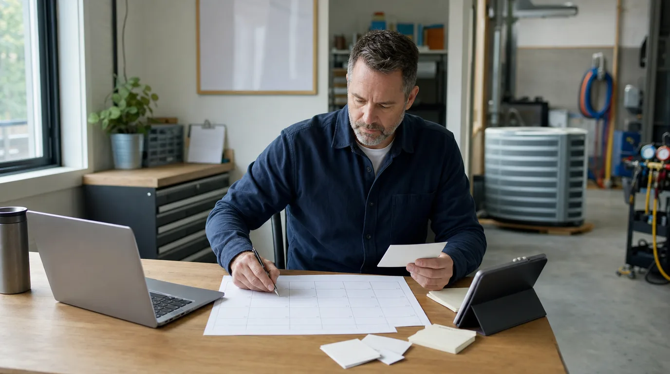 HVAC business owner planning seasonal marketing and reviewing booked jobs