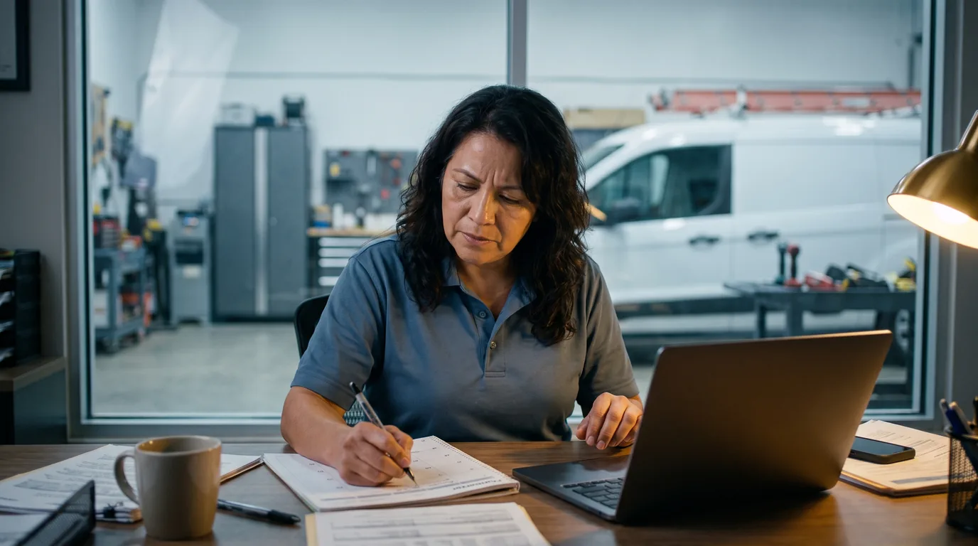 HVAC business owner reviewing a laptop and appointment planner in a service-company office