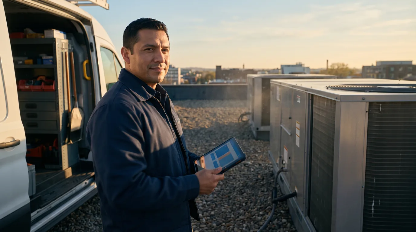 HVAC technician reviewing job and compensation details on a tablet beside a service vehicle