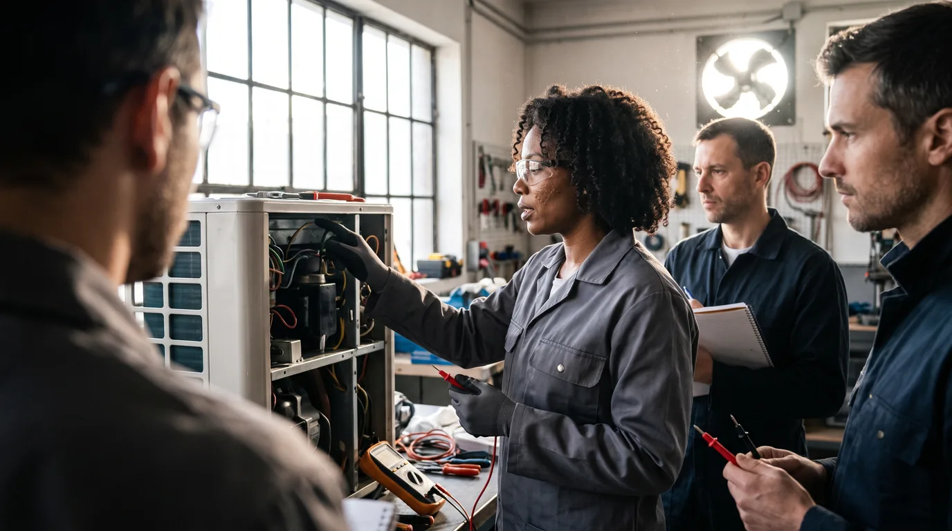 HVAC instructor guiding students through hands-on diagnostics in a modern training lab