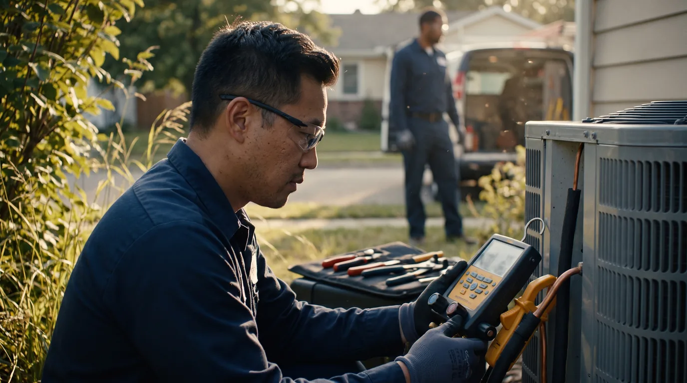 HVAC technician measuring suction-line temperature at an outdoor condensing unit