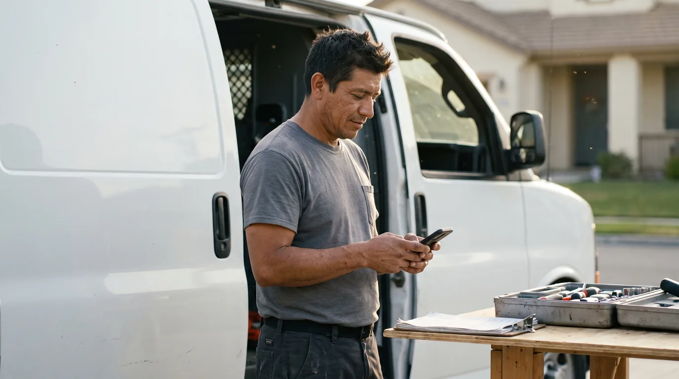 Service contractor creating an invoice on a phone beside an organized work van