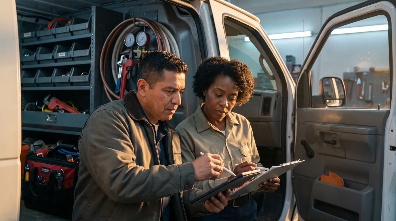 Plumbing business owner reviewing an itemized invoice with a technician inside an organized service vehicle