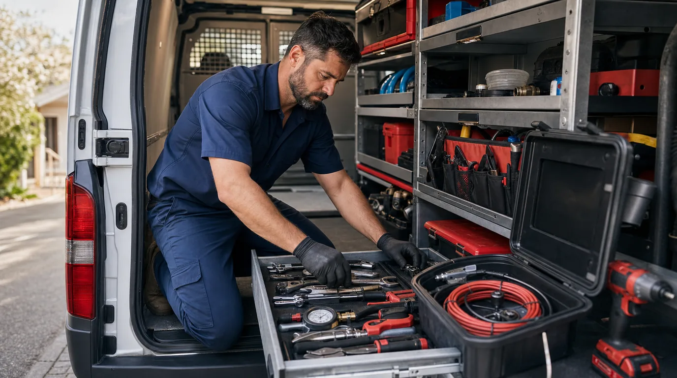 Professional plumber organizing hand tools and diagnostic equipment in a service van