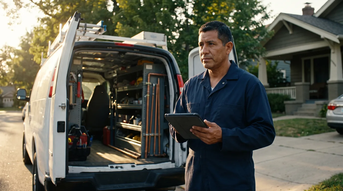 Experienced plumber reviewing a service job on a tablet beside an organized work van