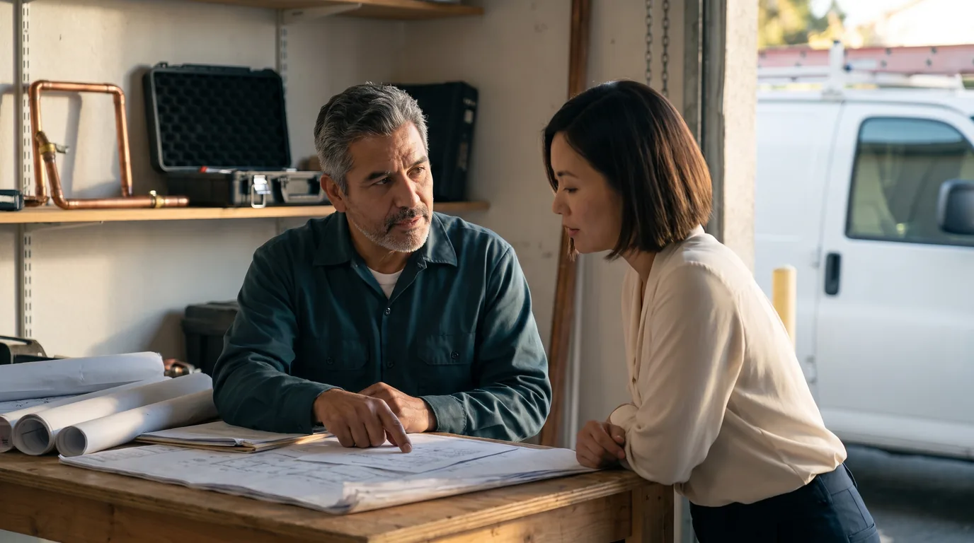 Plumbing contractor discussing business documents with an adviser at a workshop desk