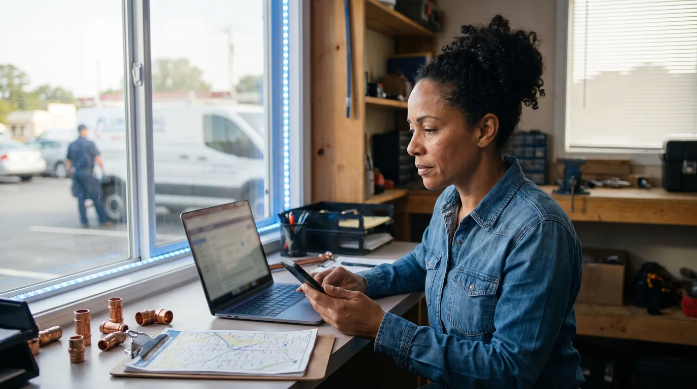 Plumbing business owner reviewing local marketing leads in a service company office