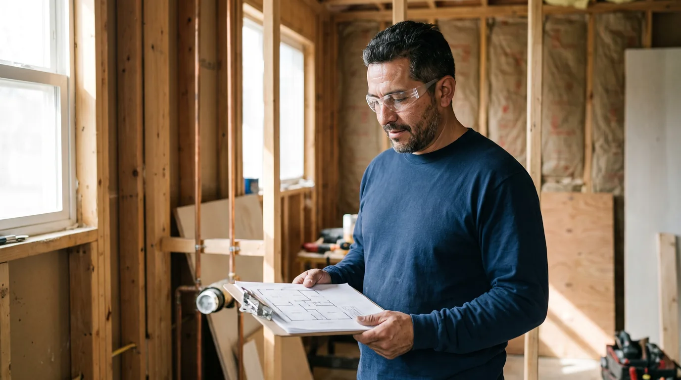 Plumber reviewing a clipboard beside exposed wall framing and pipework in an unfinished bathroom