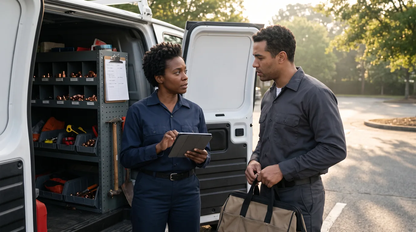 Plumbing business owner reviewing a tablet with a technician beside an organized service van