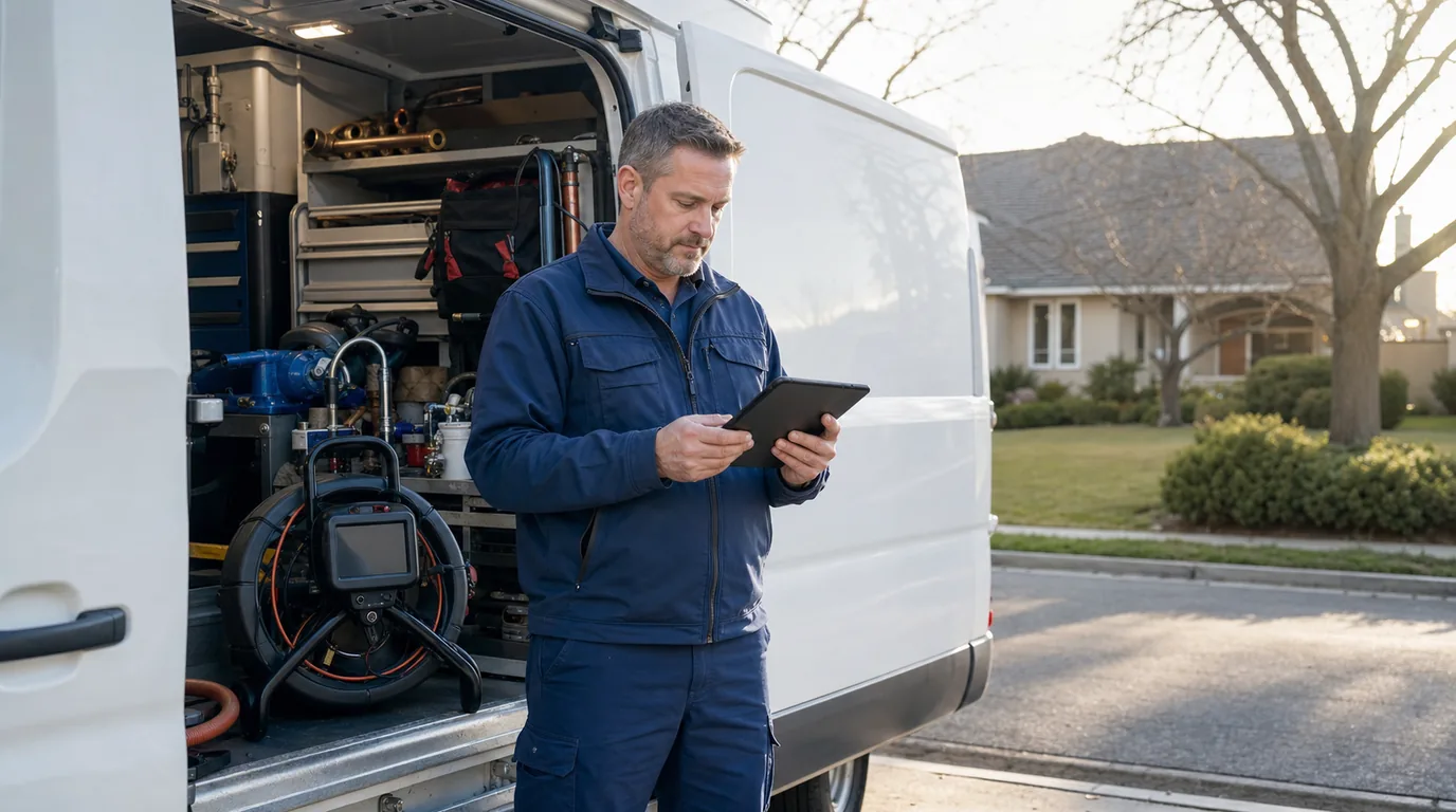 Plumbing contractor reviewing local service requests and job locations