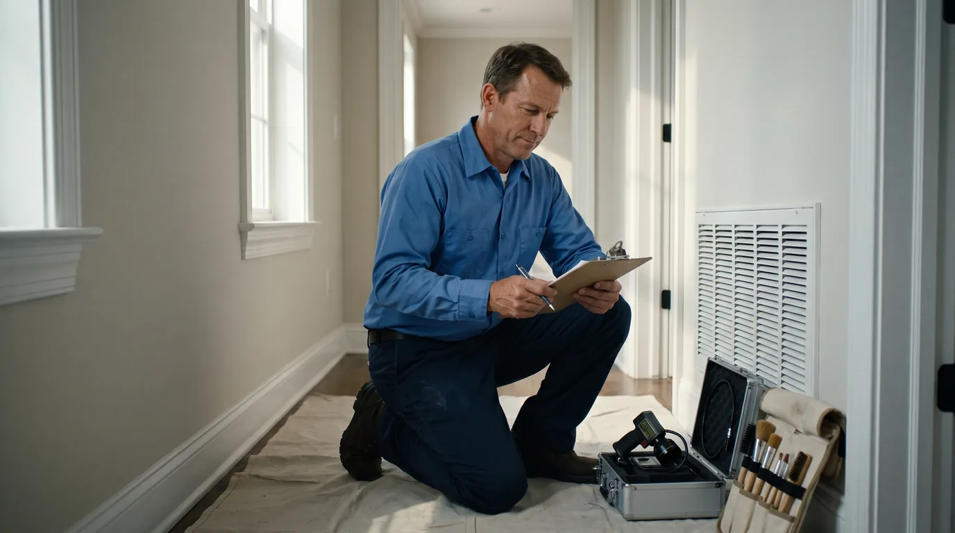 HVAC estimator documenting a residential return-air grille with inspection equipment packed nearby