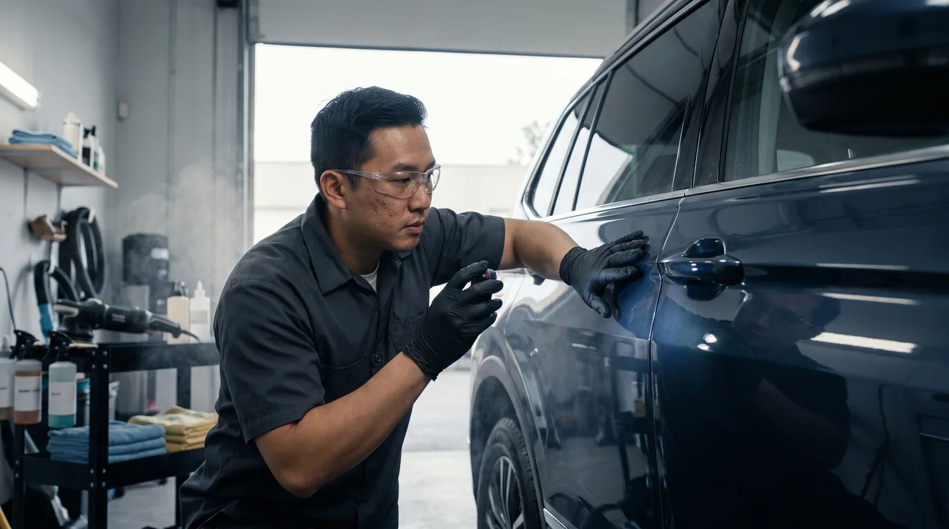 Professional car detailer inspecting polished paint on a sport utility vehicle in a clean detailing bay