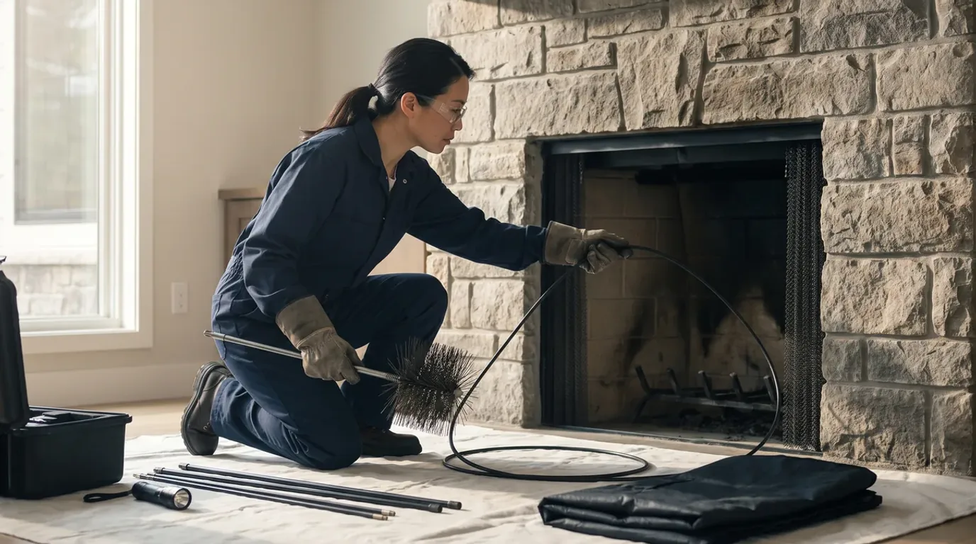 Professional chimney technician preparing inspection and cleaning equipment at a residential home