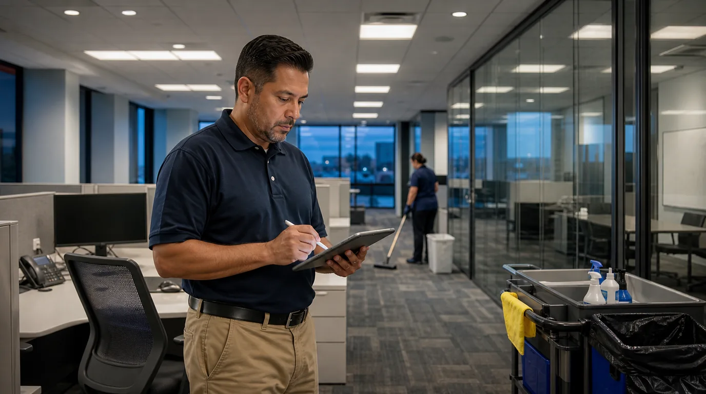 Commercial cleaning supervisor reviewing an office cleaning estimate during a walkthrough