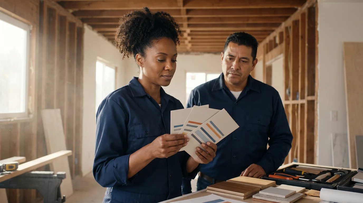 Service business owner and crew lead reviewing three Estimate options at a residential job site