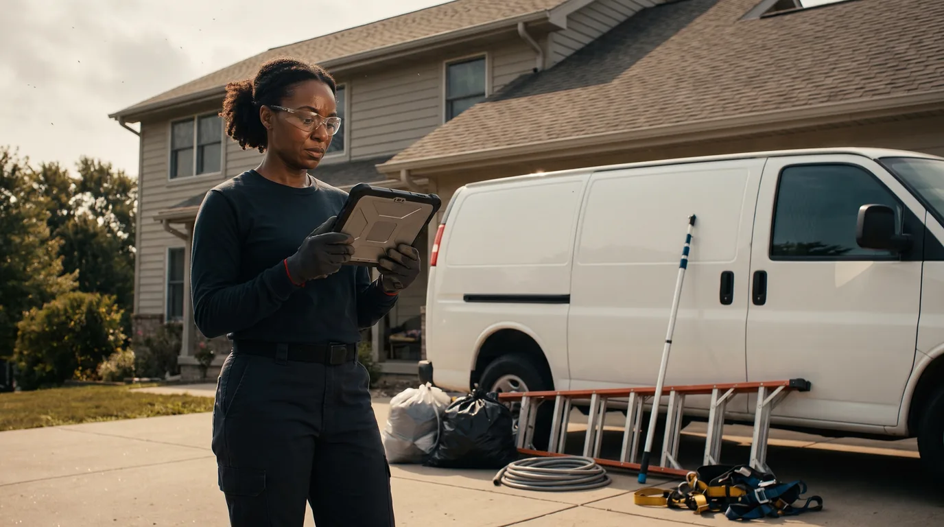 Gutter cleaning business owner reviewing roof measurements and a job estimate beside a service vehicle