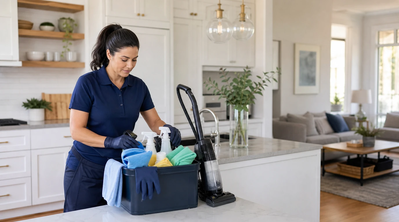 Professional cleaner preparing supplies for a house cleaning job