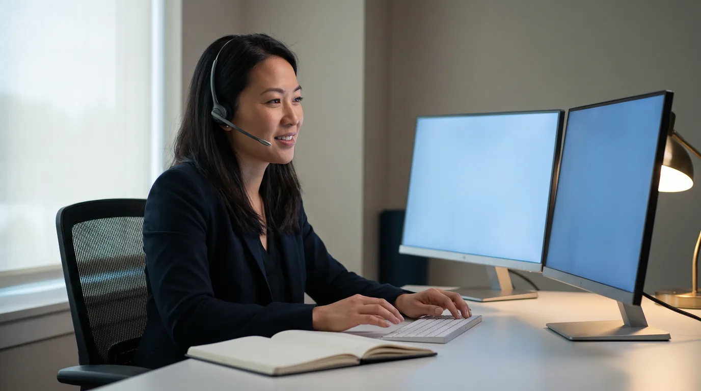 Professional virtual receptionist answering a home service customer call at an operations desk