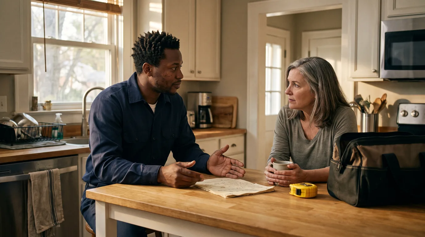 Contractor explaining a written job proposal to a homeowner at a kitchen island