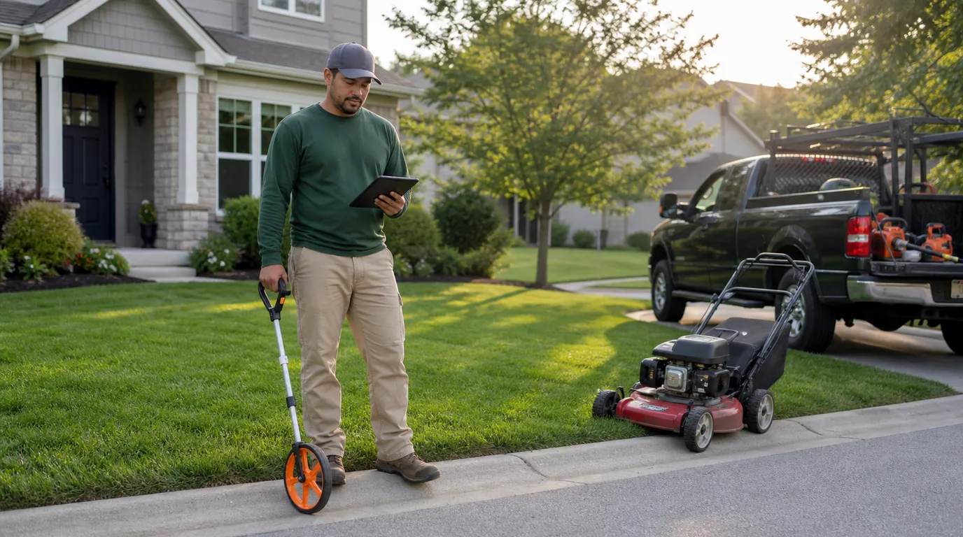 Lawn care professional measuring a residential property and reviewing a job estimate