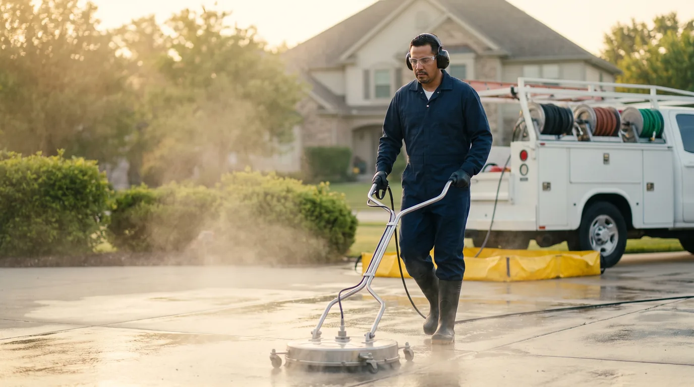 Pressure washing contractor cleaning a concrete driveway with professional surface-cleaning equipment