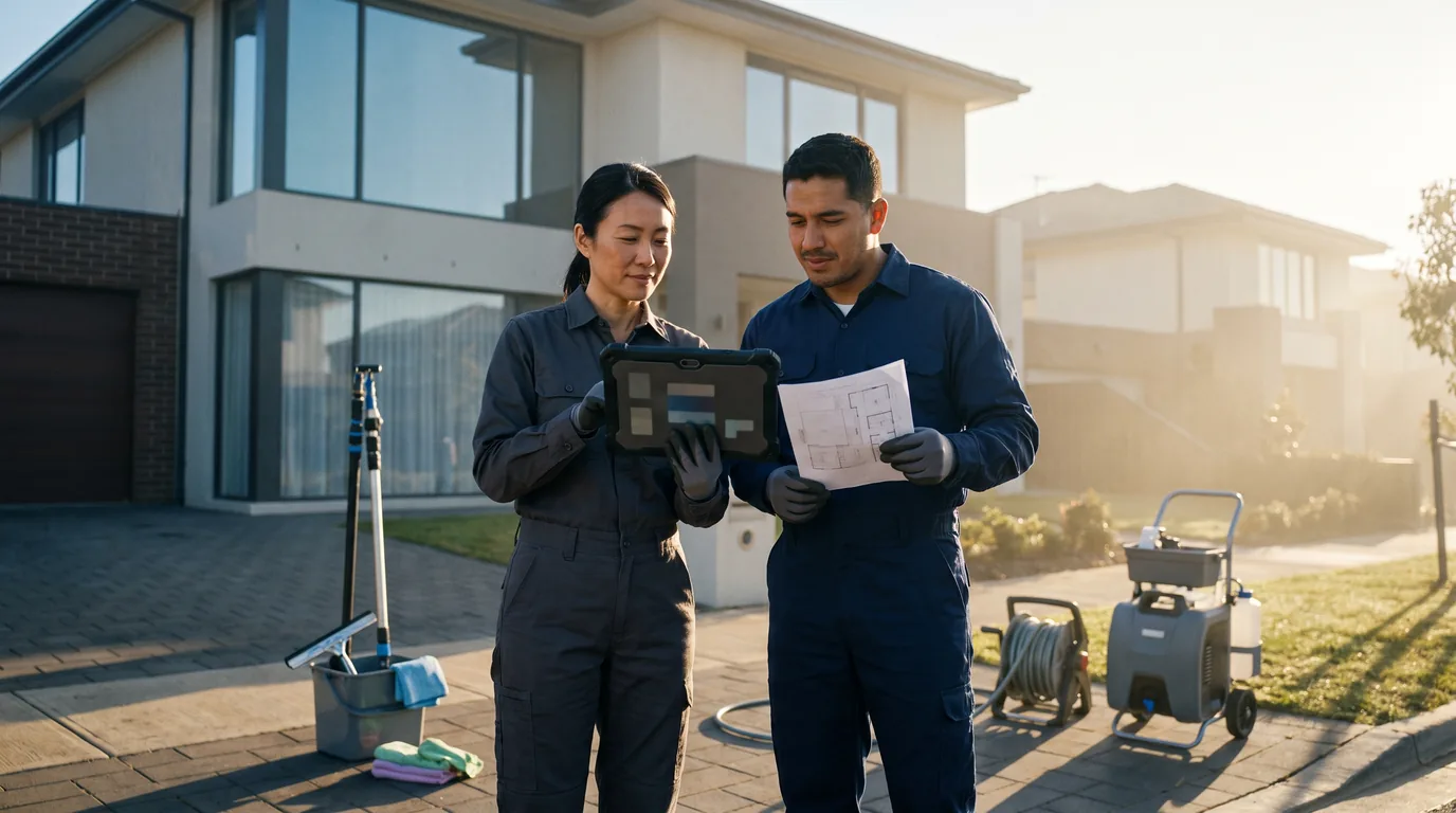 Window cleaning business owner and crew leader reviewing measurements and a job estimate outside a residential property