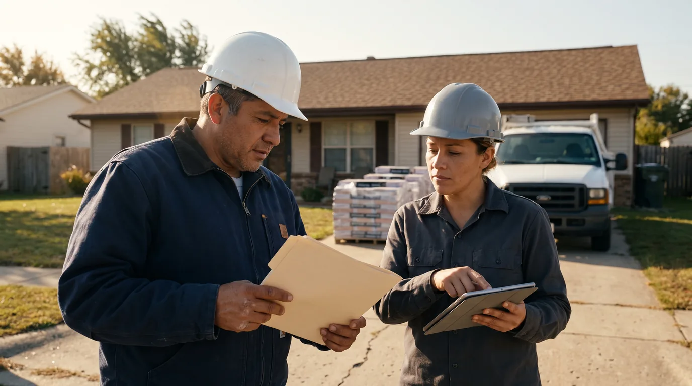 Roofing project manager and crew supervisor reviewing a job folder and tablet beside materials at a house