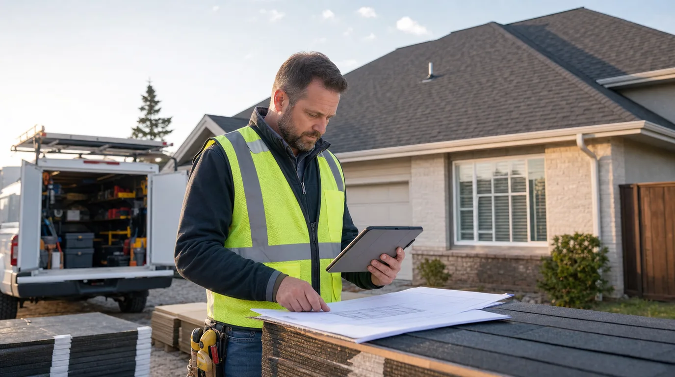 Roofing contractor reviewing local search leads and project locations